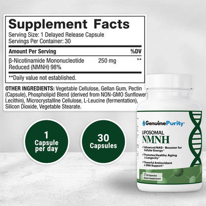 GenuinePurity - NMNH NAD Supplement - 250mg, 30 Count Liposomal NAD+ Supplement for Cellular Health & Energy - GMP Certified Advanced Reduced Form of NMN for Superior Stability & Absorption GenuinePurityBuy Supplements Australia