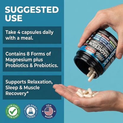 8in1 Magnesium Supplement Complex | Magnesium Glycinate Citrate Malate Gluconate Orotate Carbonate Lactate + Prebiotics Probiotics Digestive Enzymes Magnesio