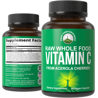 Peak Performance Raw Whole Food Natural Vitamin C Capsules from Acerola Cherry for Max Absorption. Vegan USA Sourced Vitamin C Supplement 90 Pills. 500 mg Serving or 2 Servings 1000mg Peak PerformanceBuy Supplements Australia