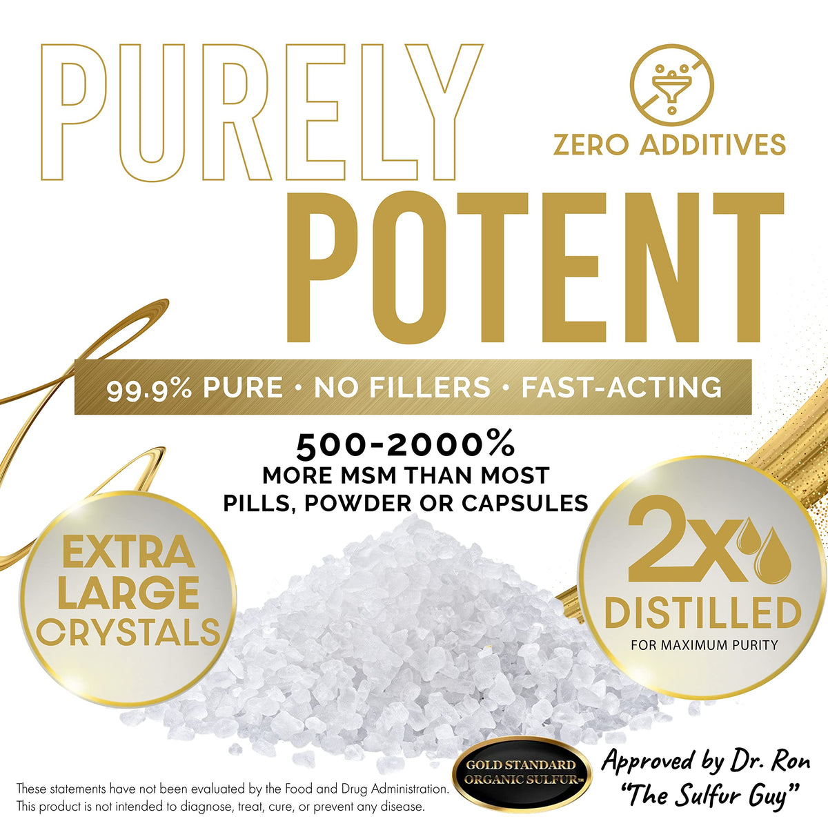 Gold Standard Organic Sulfur Crystals 1lb - 99.9% Pure MSM Crystals - High-Purity MSM Supplement Powder - Large Granular Flakes - 3rd Party Tested for Purity H2O Air Water Americas buy supplements Au
