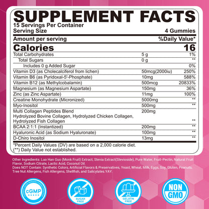 Creatine for Women Gummies, Micronized Creatine Monohydrate + Myo-Inositol, Collagen Peptides, BCAAs, Hyaluronic Acid, Vitamin B6 B12, Zinc for Enërgy, Föcus, Hörmonal Balance, Sugar Free, 120 Counts LILICAREBuy Supplements Australia