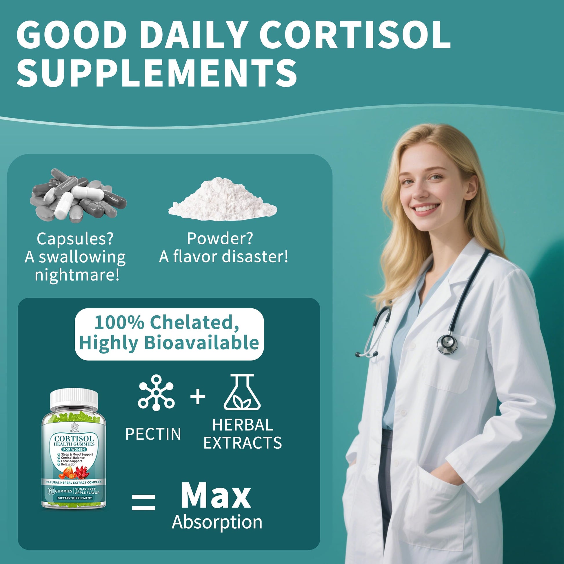 Cortisol Supplements Gummies for Women, Cortisol Reducer w.Ashwagandha Rhodiola Rosea Magnesium L-Theanine Phosphatidylserine Black Peper, Hormone Balanced & Lower Cortisol - 30 Day Vegan Supply HerbanceBuy Supplements Australia