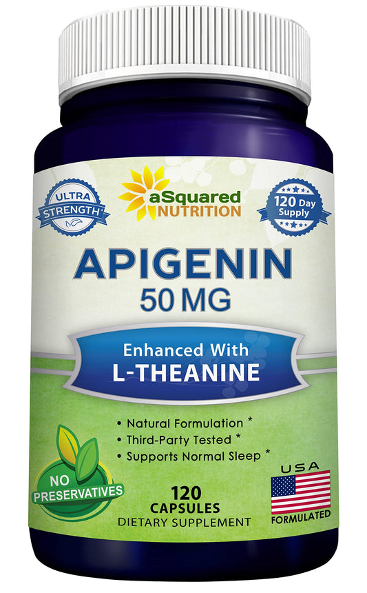 aSquared Nutrition Apigenin 50mg & L-Theanine 200mg - 120 Capsules - Apigenin Supplement Pills for Sleep and Relaxation