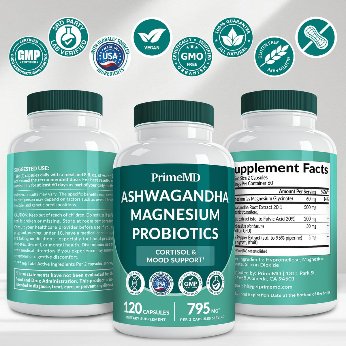 5-in-1 Cortisol Supplement for Women and Men with Ashwagandha for Calmness, Focus, and Adrenal Support Supplements with Shilajit Extract, Magnesium Glycinate, Probiotics (120 ct) (Pack of 1) PrimeMDBuy Supplements Australia