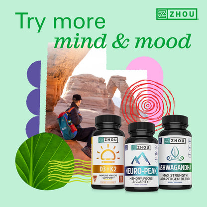 Zhou Energy + Focus - L Theanine Caffeine Pills, 200mg L-Theanine, 100mg Natural Anhydrous Caffeine Boost for Adults, Men & Women, Slow Extended Release - 60 Vegetarian Capsules (Pack of 1) ZHOUBuy Supplements Australia