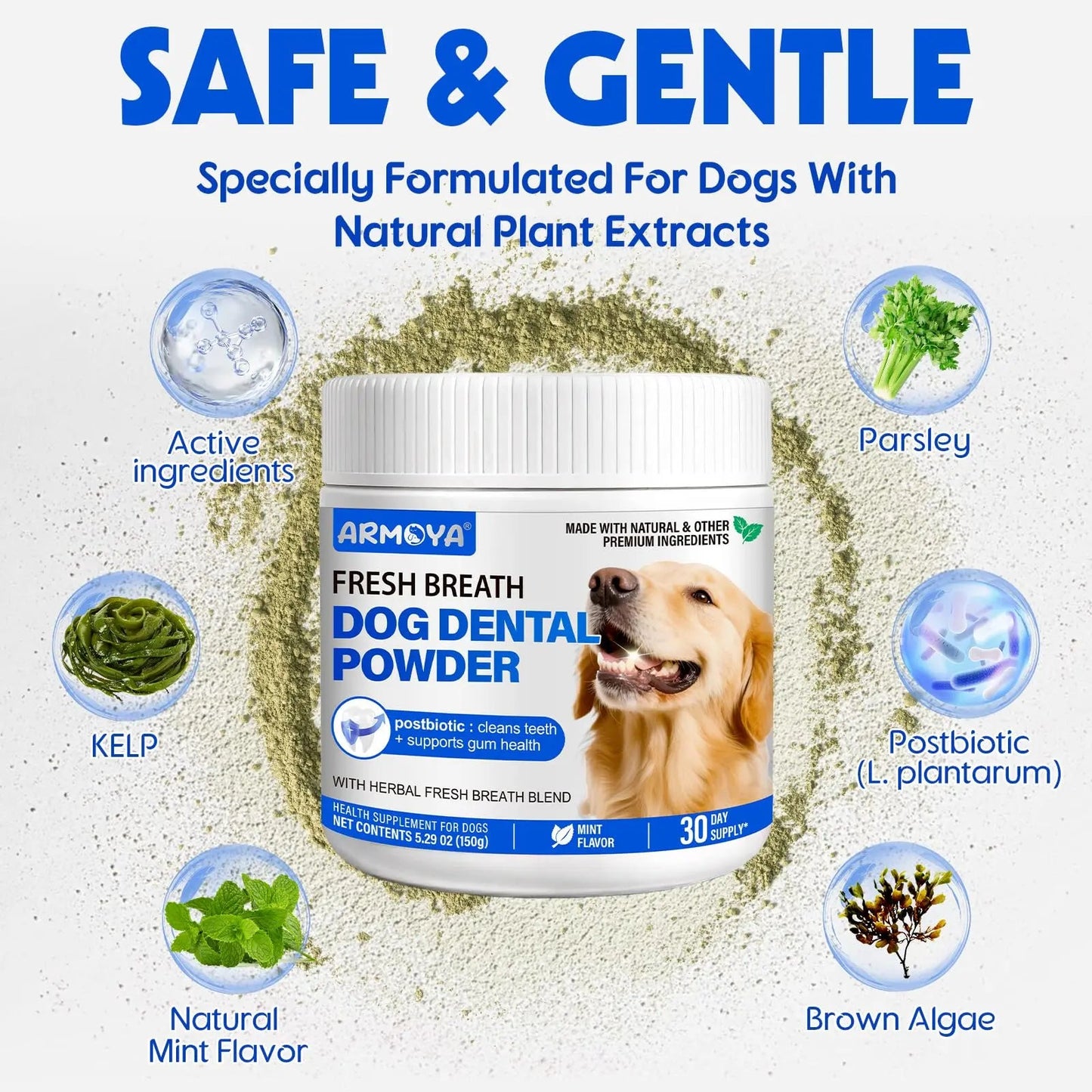 Dog Teeth Cleaning Powder - Dental Powder for Dogs Teeth - Plaque Removal - Supports Gum Health - Tartar Remover with Natural Herb Blend and Postbiotics 30 Day Supply - Mint Flavor ARMOYABuy Supplements Australia