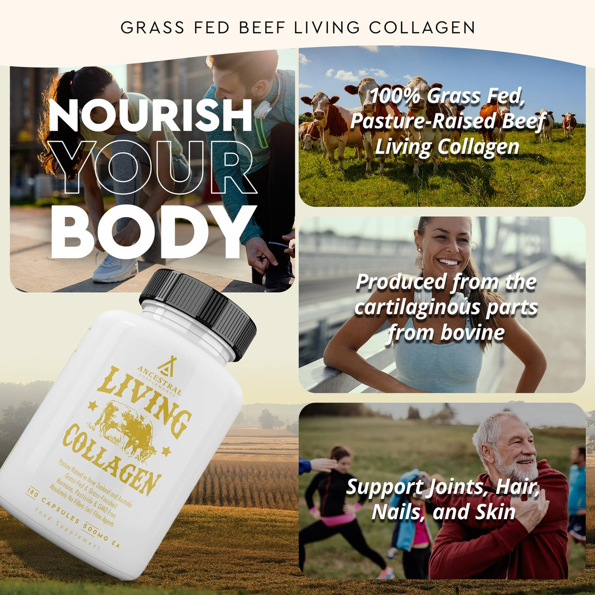 Ancestral Supplements Grass Fed Beef Living Collagen Nutritional Powder Supplement, 3000mg, Promotes Healthier, Younger Looking Skin, Hair, Nails and Joints, Type II, 180 Capsules Ancestral Supplements buy supplements Au