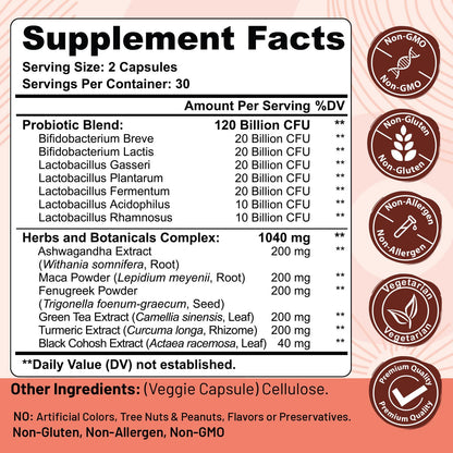 Menopause supplements for women, 120 Billion CFU Probiotic, 13-in-1 Herbs & Botanicals Complex, for Hormone Menopause, Hot Flashes, Night Sweats, Mood Swings, Sleep Disturbances, Vegan, 60 Capsules TrehealttBuy Supplements Australia