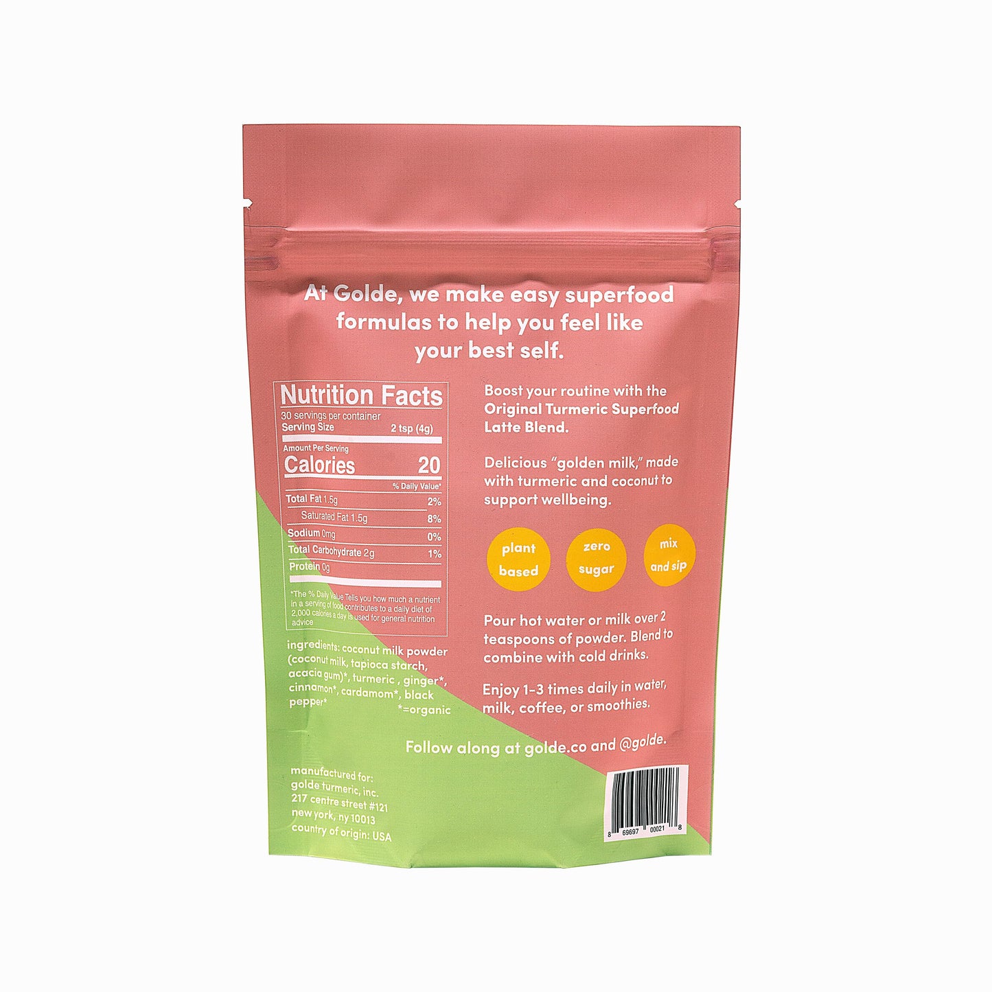 GOLDE - Superfood Latte Blend - Original Turmeric - Plant-Based w/Coconut, & Ginger - Vegan, Keto, Sugar-Free - 30 Servings GOLDEBuy Supplements Australia
