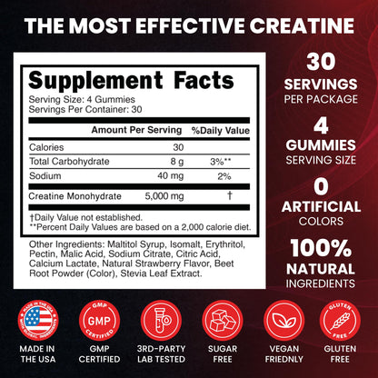 Creatine Monohydrate 5000mg Gummies, Pre-Workout 5g Creatine Gummy Supplement for Men & Women: Muscle Builder & Energy Boost, Sugar Free, Vegan, Strawberry Flavor, (120 Count) Made in USA Nature's EvergreenBuy Supplements Australia
