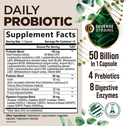 Probiotics 50 Billion CFU per Serving - 10 Strains + Prebiotics - Digestive Health, Gut & Immune Support - Occasional Constipation, Gas & Bloating Support for Women & Men, Bottled USA - 60 Capsules Health Nutrition NaturalsBuy Supplements Australia