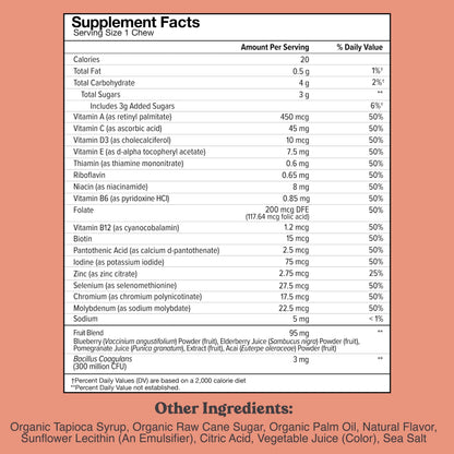 Chewsy Kids’ Multivitamin, Delicious Candy-Style Daily Vitamin Chews + Probiotics + Superfoods, Wild Berry Flavor Chewable Fruity Supplement Chews CHEWSY