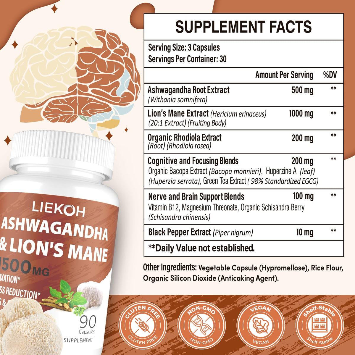 Liekoh Ashwagandha & Lions Mane Supplement Capsules, Brain Supplements for Memory and Focus, Ashwagandha Supplement with Rhodiola & Black Peppe, Cortisol Supplements for Women & Men,90 Caps LiekohBuy Supplements Australia