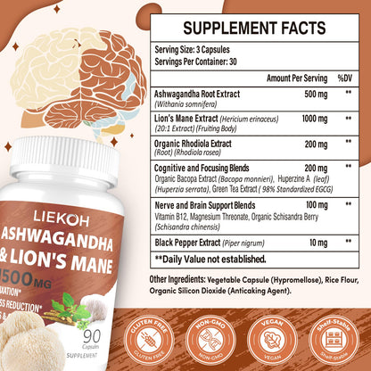 Liekoh Ashwagandha & Lions Mane Supplement Capsules, Brain Supplements for Memory and Focus, Ashwagandha Supplement with Rhodiola & Black Peppe, Cortisol Supplements for Women & Men,90 Caps LiekohBuy Supplements Australia