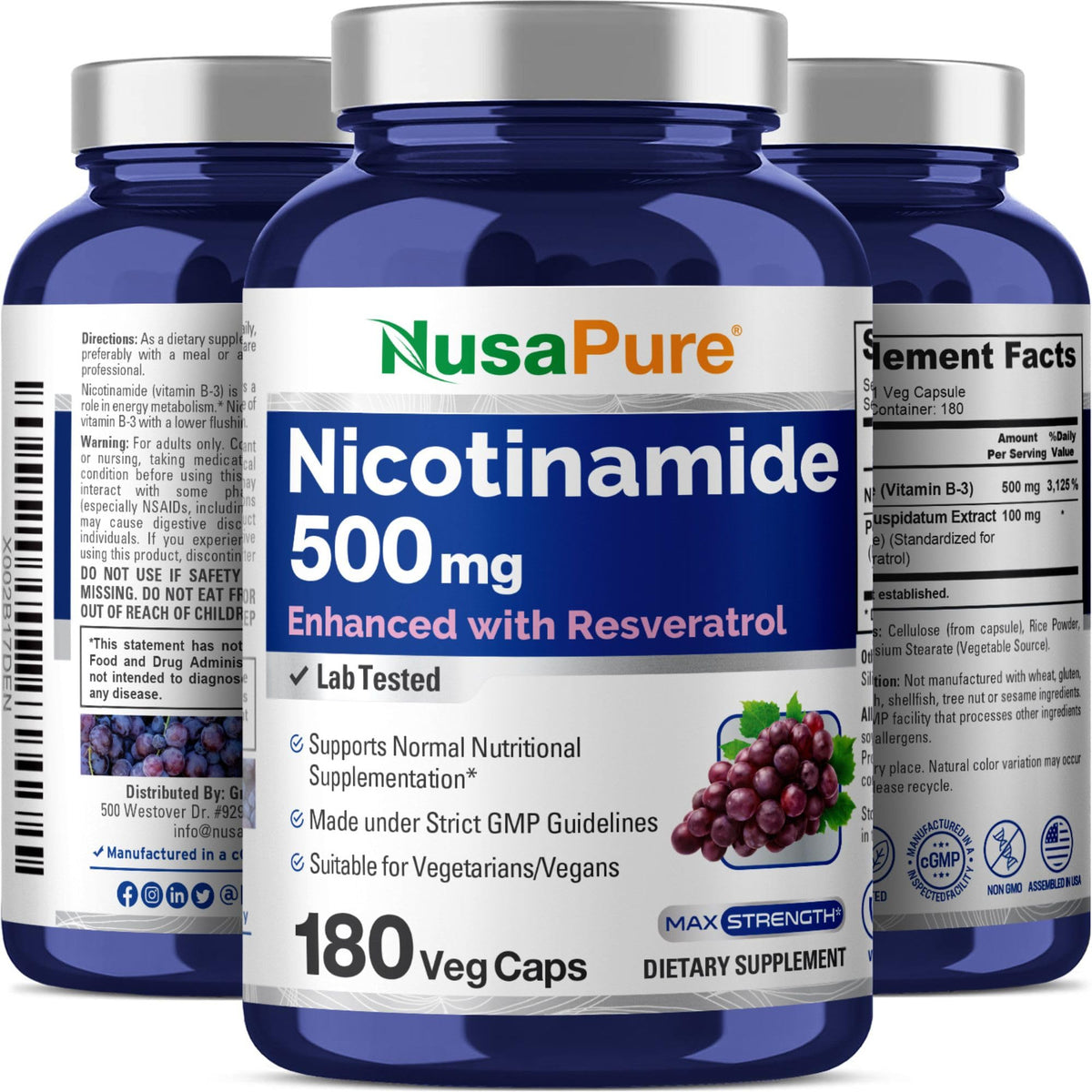 NusaPure Nicotinamide with Resveratrol (Vitamin B-3) 500 mg - 180 Vegetarian Caps (Non-GMO & Vegan) NusaPureBuy Supplements Australia