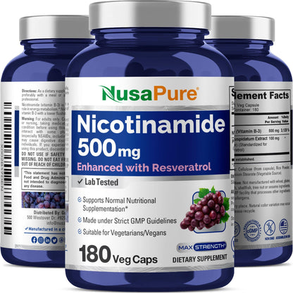 NusaPure Nicotinamide with Resveratrol (Vitamin B-3) 500 mg - 180 Vegetarian Caps (Non-GMO & Vegan) NusaPureBuy Supplements Australia