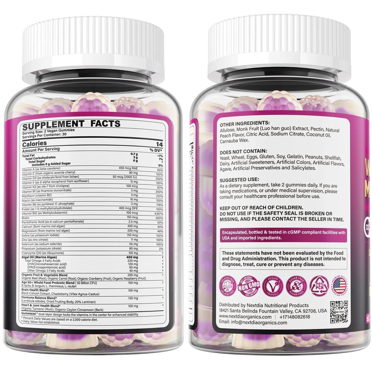 Multivitamin for Women 50 Plus Gummies, Vegan Omega 3, Methylfolate, Calcium, D3 K2, CoQ10, Daily Vitamin A C E, Methylated B12, Biotin, B Complex Nextdia