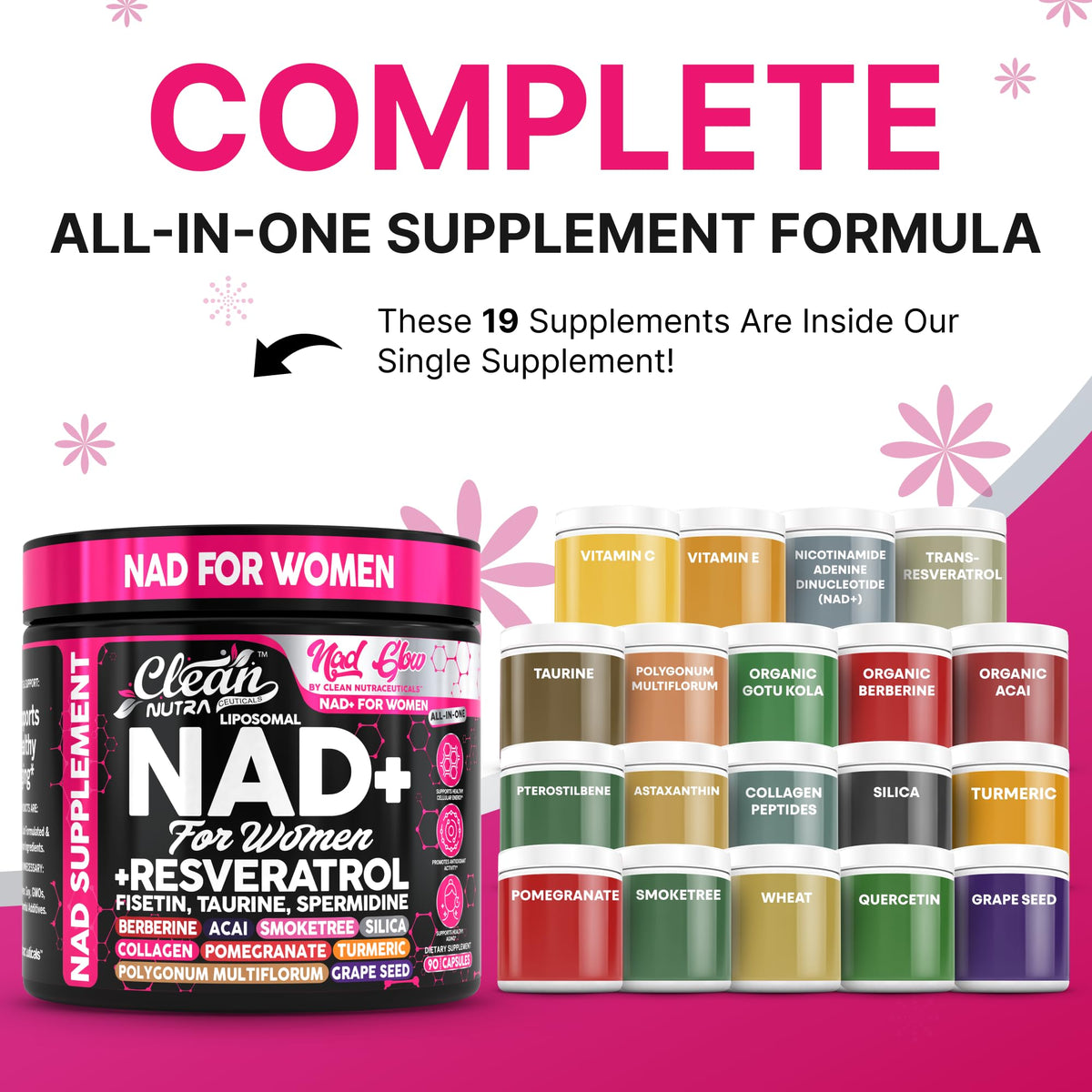 NAD+ Resveratrol Supplement for Women NAD Turmeric Vitamin C Acai Pomegranate Collagen Peptides Nicotinamide Riboside Fisetin Vitamin E Polygonum Multiflorum Berberine 90 Capsules by Clean Nutra Clean NutraceuticalsBuy Supplements Australia