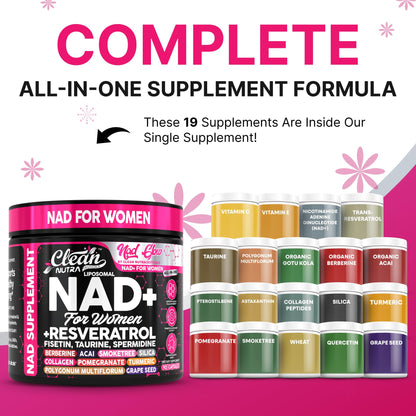 NAD+ Resveratrol Supplement for Women NAD Turmeric Vitamin C Acai Pomegranate Collagen Peptides Nicotinamide Riboside Fisetin Vitamin E Polygonum Multiflorum Berberine 90 Capsules by Clean Nutra Clean NutraceuticalsBuy Supplements Australia