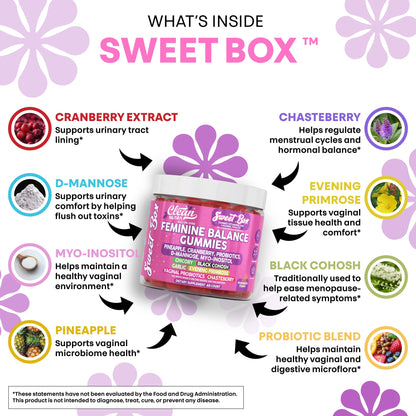 Clean Nutra Feminine Balance Gummies for Women Pineapple VaginalProbiotics pH Balance Cranberry D Mannose Supplement Inositol Black Cohosh Evening Primrose Garlic Vitex GLA Prebiotics Folate 60ct Clean NutraceuticalsBuy Supplements Australia