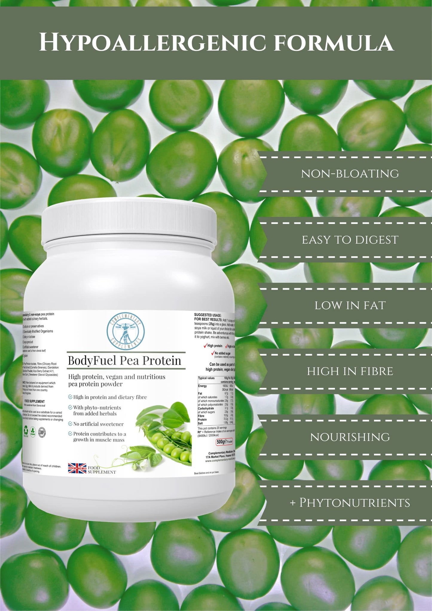 Complementary Supplements - BodyFuel Hypoallergenic Pea Protein Isolate Powder Plus Phytonutrients Complementary SupplementsBuy Supplements Australia