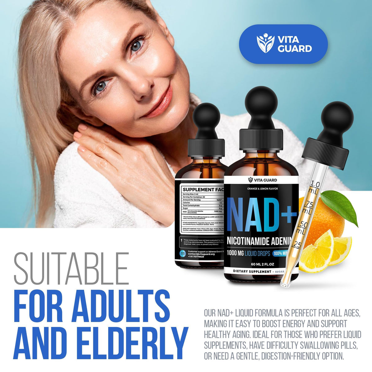Vita Guard Pure NAD+ Supplements 1000mg Liquid Drops for Women & Man | Nicotinamide Adenine Similar to Nicotinamide Riboside NAD Plus Boosting Supplement - Natural Lemon & Orange Flavor Vita GuardBuy Supplements Australia
