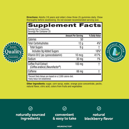 NEURIVA Brain + Energy Gummies, Nootropic Brain Supplements for Focus and Concentration with Neurofactor, Vitamin B12 & Caffeine for an Energy Boost*, 75ct Natural BlackBerry NEURIVABuy Supplements Australia