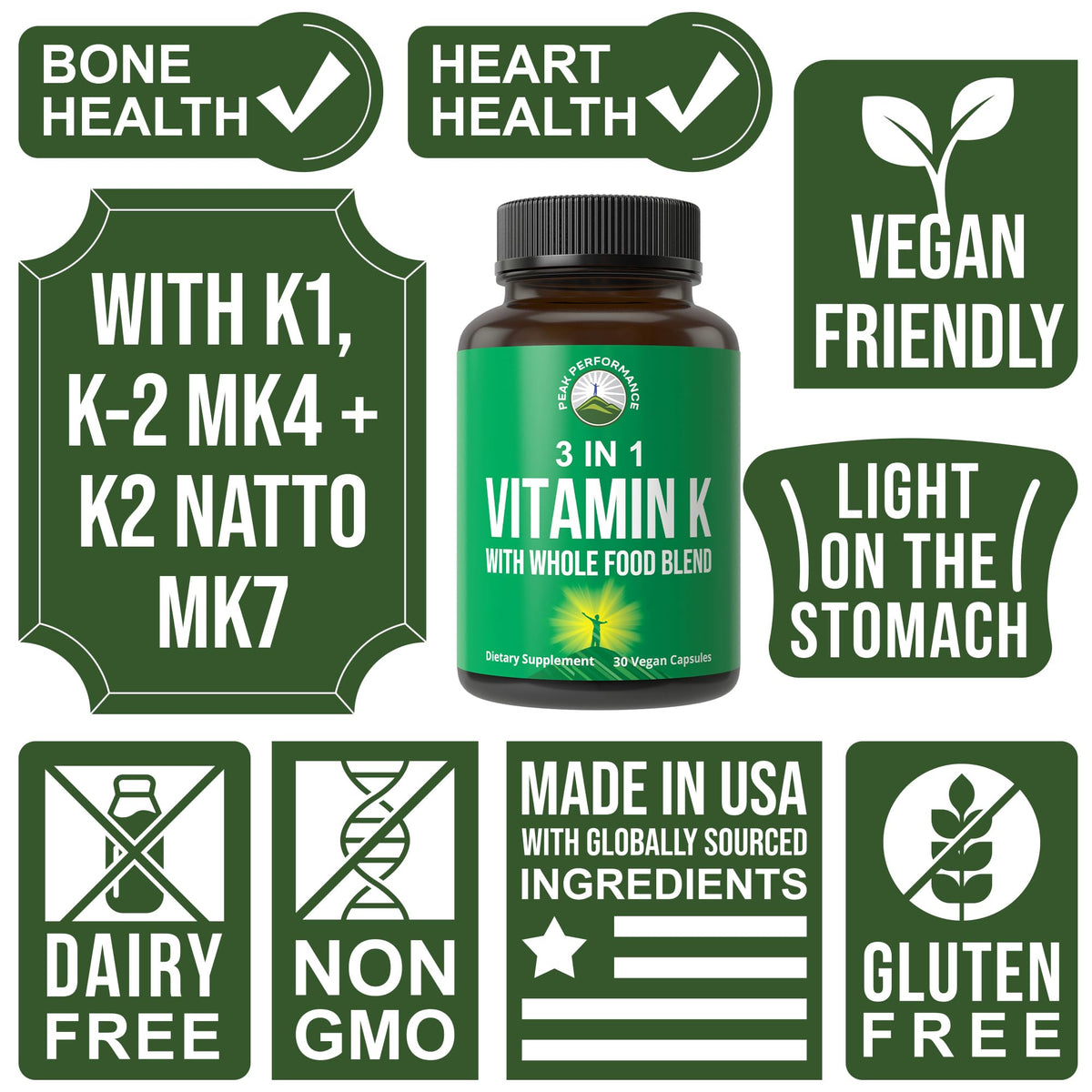 Vitamin K with Whole Food Blend of 25+ Vegetables and Fruits for Max Absorption. Vegan Capsules Supplement. Vitamins K1, K-2 MK4 + K2 Natto MK7. Alternative to Drops, Gummies. VIT K with K 2 and MK-7 Peak PerformanceBuy Supplements Australia