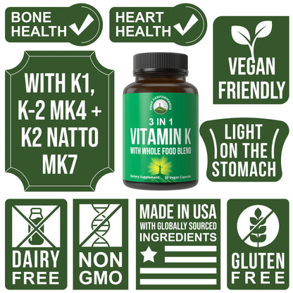 Vitamin K with Whole Food Blend of 25+ Vegetables and Fruits for Max Absorption. Vegan Capsules Supplement. Vitamins K1, K-2 MK4 + K2 Natto MK7. Alternative to Drops, Gummies. VIT K with K 2 and MK-7 Peak PerformanceBuy Supplements Australia