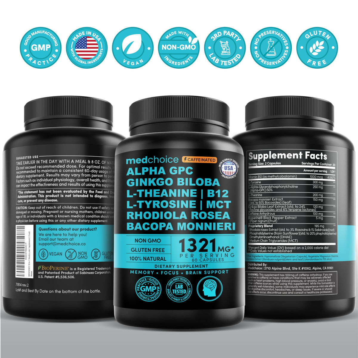 12-in-1 Nootropic Brain Supplement with Caffeine Anhydrous: Ginkgo Biloba for Brain Support, Memory and Focus - B12, Alpha GPC, L Theanine and Choline Supplements with Bioperine with 1321mg (60ct) MEDCHOICEBuy Supplements Australia