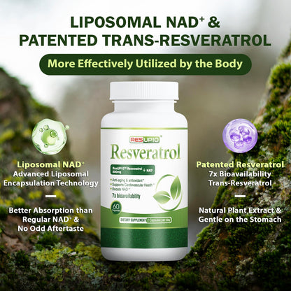 PureBotan Liposomal NAD+ Resveratrol Supplement 1300mg, High Bioavailable Trans Resveratrol ResUP10, with Extra Strength NAD Plus, Support Aging, Cardiovascular Health and Cellular Energy, 60 Capsules PureBotanBuy Supplements Australia