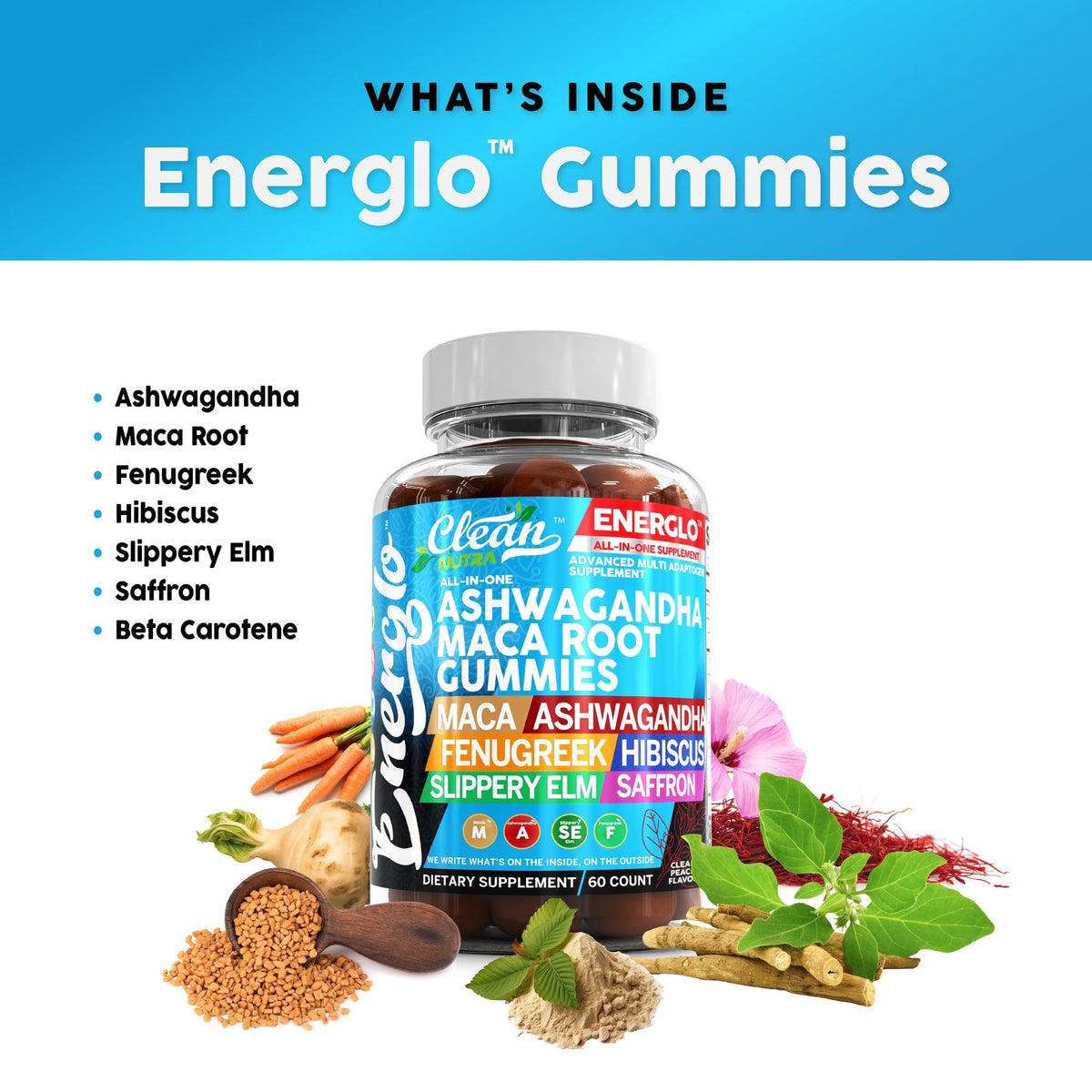Ashwagandha Maca Root Gummies with Fenugreek Hibiscus Slippery Elm Saffron Extract & Beta Carotene | Peach Flavor Vegan Gummy Vitamins Adaptogen Cortisol Supplement Energlo by Clean Nutra Clean NutraceuticalsBuy Supplements Australia