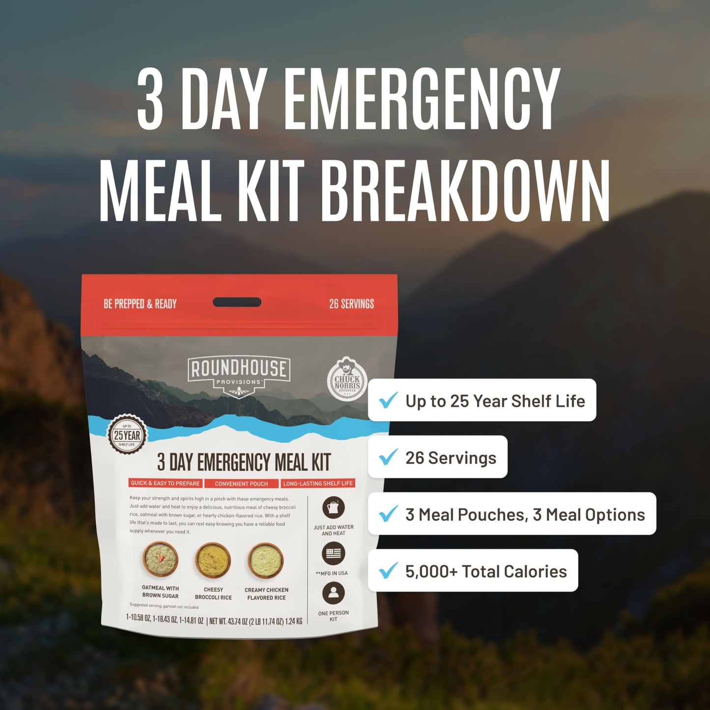 by Chuck Norris Roundhouse Provisions 3 Day, 26 servings Emergency Meal Kit, Grab-and-Go, Premade, Disaster Prep, Hiking, Survival, Adventure, Camping Food, 25 Year Shelf Life. ROUNDHOUSE PROVISIONBuy Supplements Australia
