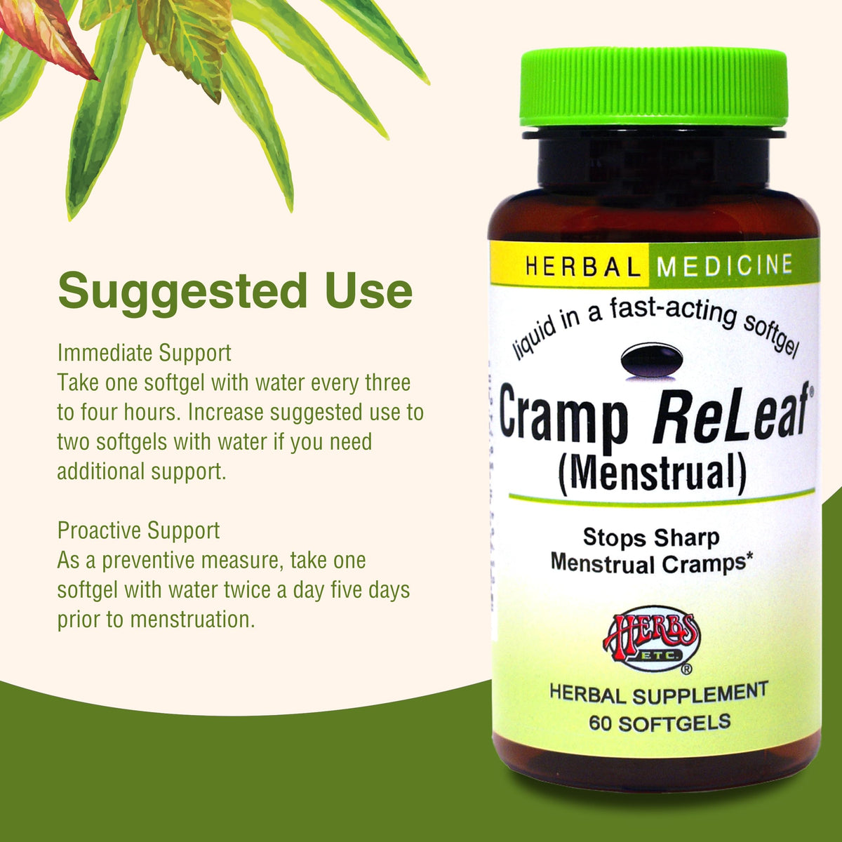 Herbs Etc. Cramp ReLeaf (Menstrual) - Abdominal Muscle Support - Herbal Supplement to Aid Menstrual Health - Period Cramp Support with Black Haw, Cramp Bark and Bethroot - 60 Softgels (60 Servings) Herbs Etc.Buy Supplements Australia