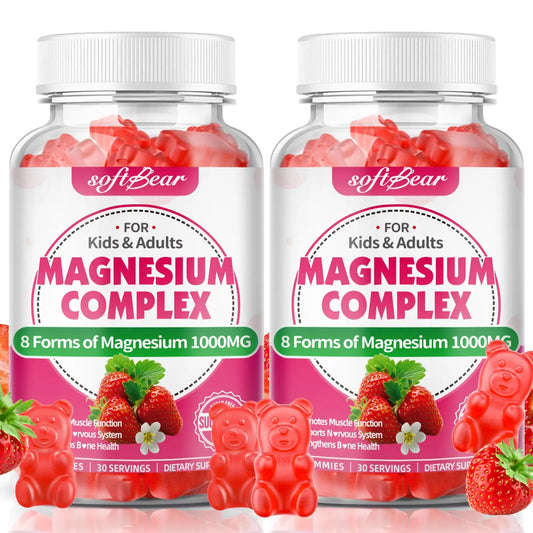 Two bottles of softBear magnesium complex gummy bears on a white background