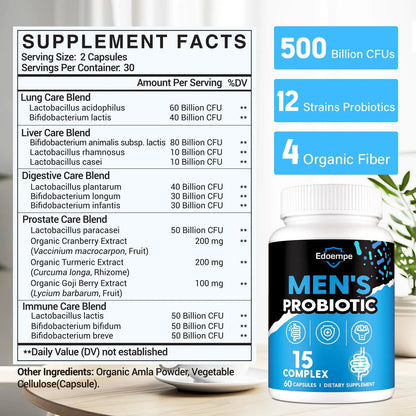 Probiotics for Men, 500 Billion CFUs 12 Strains, Mens Probiotics for Gut Health*, Digestive Health*, Energy, Prostate & Urinary Tract*, with Cranberry, Goji, Turmeric & Amla, Shelf Stable, 60 Caps Edoempe buy supplements Au