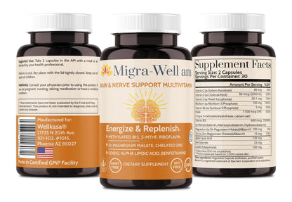 Wellkasa Migra-Well AM: Energizing Daily Methylated Multivitamin with Bioavailable Minerals & Antioxidants Supporting Brain Wellkasa