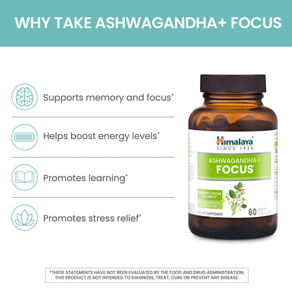 Himalaya Ashwagandha+ Focus - Herbal Focus Supplement with B12, Rosemary, Green Tea, and Bacopa Nootropics for Memory and Clarity - Vegan, Non-GMO, Gluten Free, 1690 mg, 60 Caplets HimalayaBuy Supplements Australia