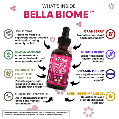 Liquid Probiotics for Women Drops with Chasteberry, Black Cohosh, Prebiotics, Digestive Enzymes, Evening Primrose Oil, Wild Yam, Cranberry Dmannose and Iron Vitamin D3 K2 Clean Nutra Bella Biotics Clean NutraceuticalsBuy Supplements Australia