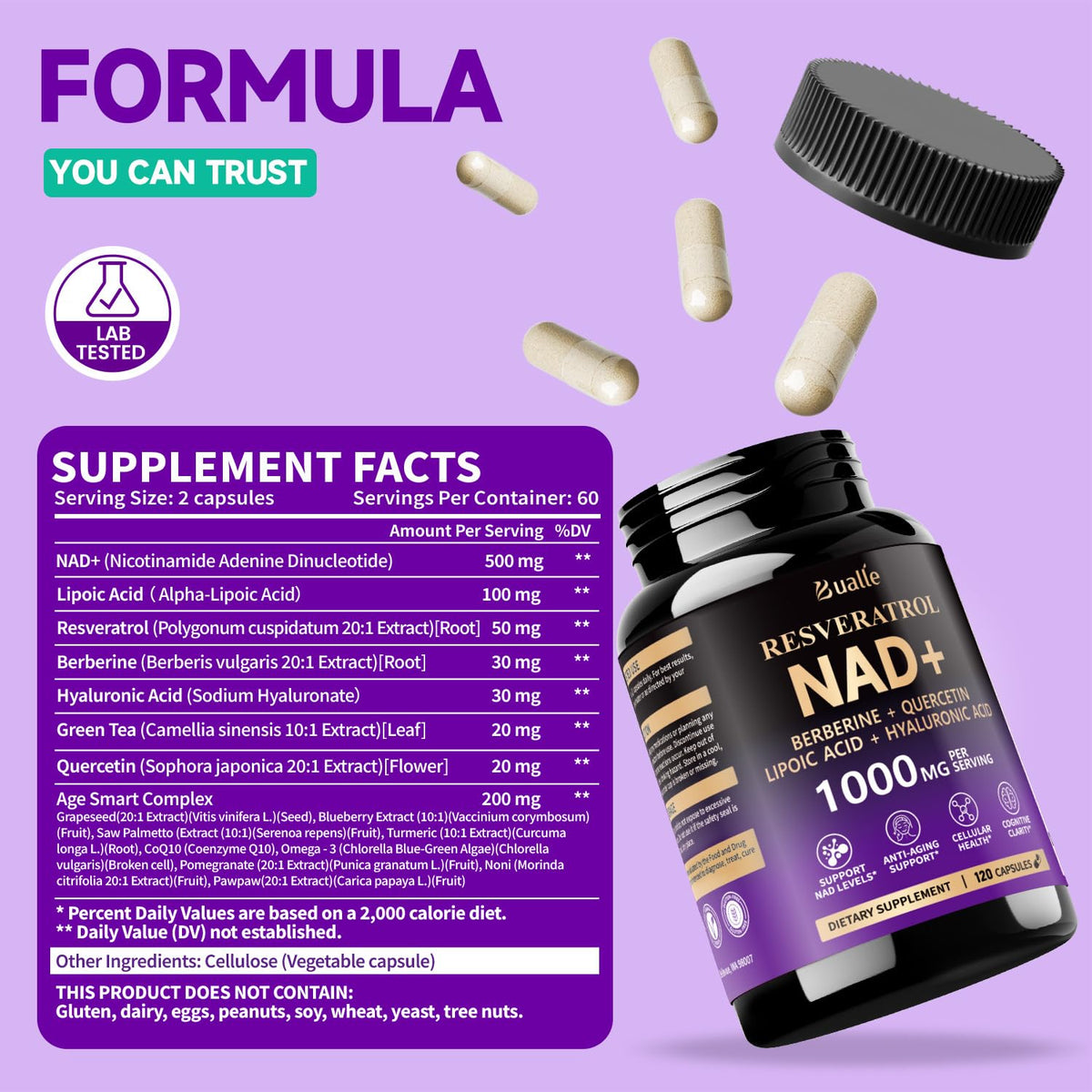 Bualle NAD Supplement, Liposomal NAD Resveratrol Supplement Contains Berberine, Alpha Lipoic Acid,Hyaluronic Acid & Quercetin - Joint Function& Support Anti-Aging,NMN Alternative -120 Capsules BualleBuy Supplements Australia