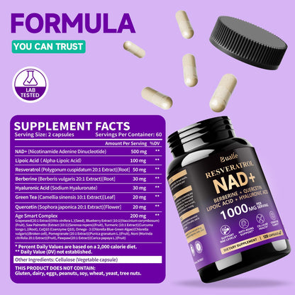 Bualle NAD Supplement, Liposomal NAD Resveratrol Supplement Contains Berberine, Alpha Lipoic Acid,Hyaluronic Acid & Quercetin - Joint Function& Support Anti-Aging,NMN Alternative -120 Capsules BualleBuy Supplements Australia
