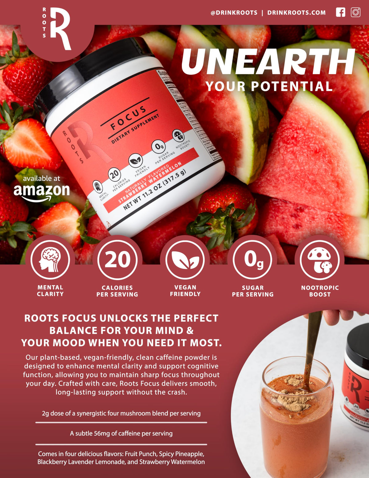 Roots Focus Brain Supplement - Nootropic Mushroom Supplement Powder for Memory, Focus, Energy - Lion's Mane, Cordyceps, Reishi Mushrooms with Caffeine - Blackberry Lemonade, 11.6oz Tub (50 Servings) Silver Star NutritionBuy Supplements Australia