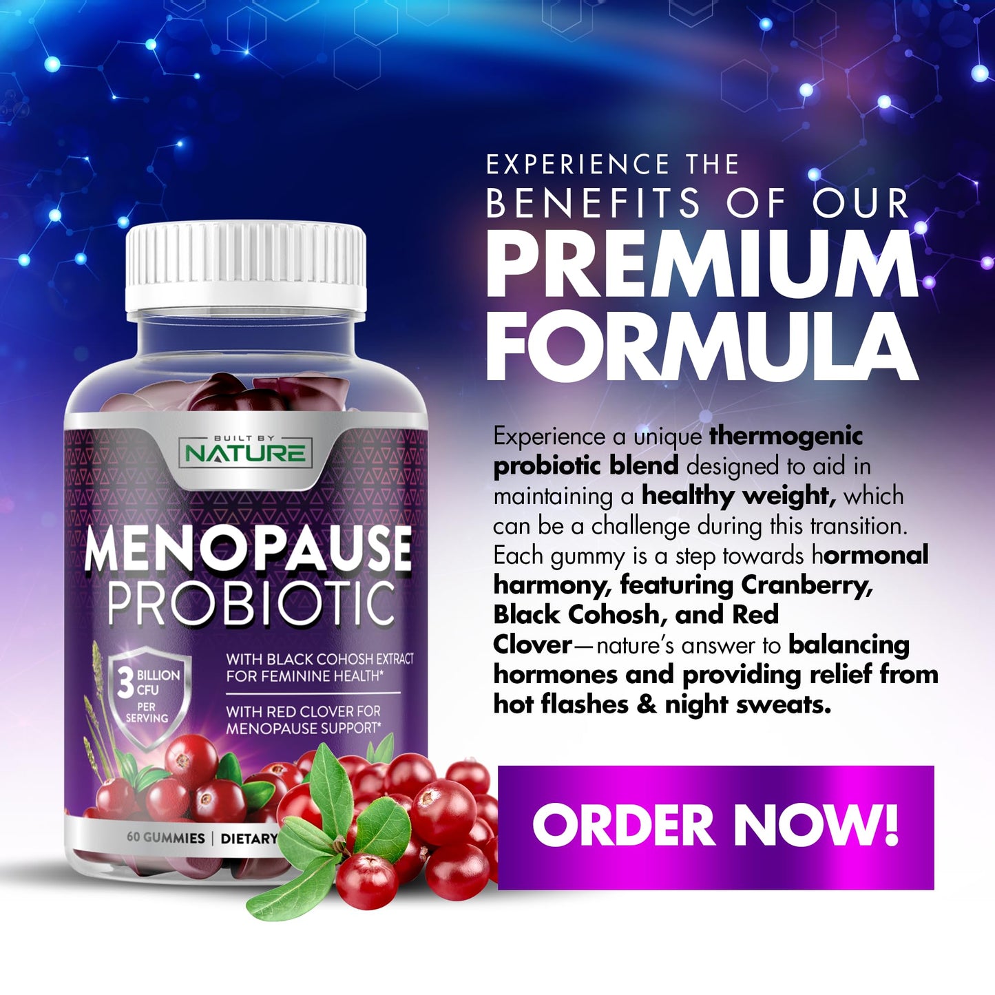 Menopause Supplements for Women - Menopause Probiotic Gummy - Women’s Menopause Relief for Hot Flashes, Night Sweats & Mood Swings with Black Cohosh & Cranberry - Non-GMO, Vegan - 60 Gummies Built by NatureBuy Supplements Australia
