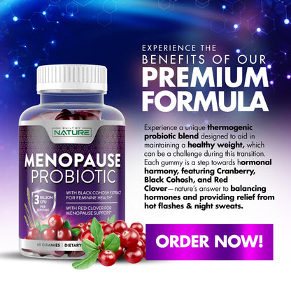 Menopause Supplements for Women - Menopause Probiotic Gummy - Women’s Menopause Relief for Hot Flashes, Night Sweats & Mood Swings with Black Cohosh & Cranberry - Non-GMO, Vegan - 60 Gummies Built by NatureBuy Supplements Australia