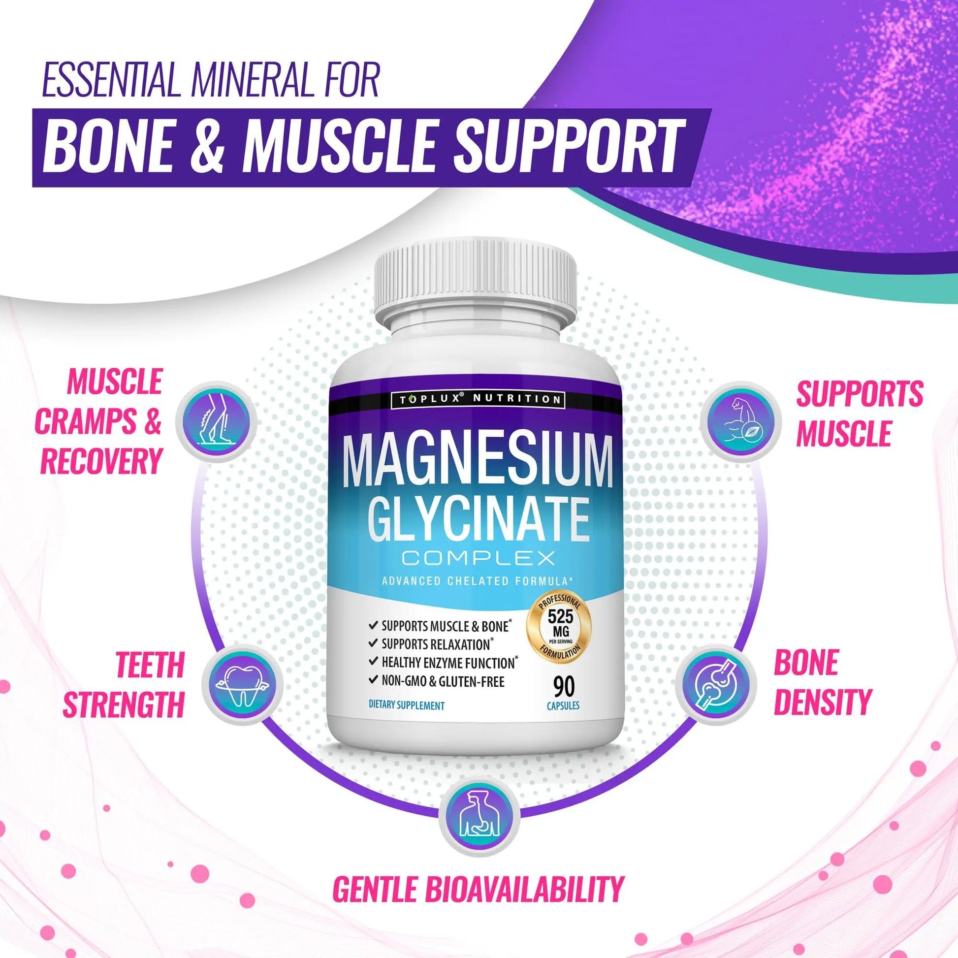 Magnesium Glycinate 525mg - High Absorption Chelated Magnesium Supplement Made with Pure Magnesium Glycinate - Supports Muscles, Sleep, Cramps, Recovery Bisglycinate Toplux canada supplements