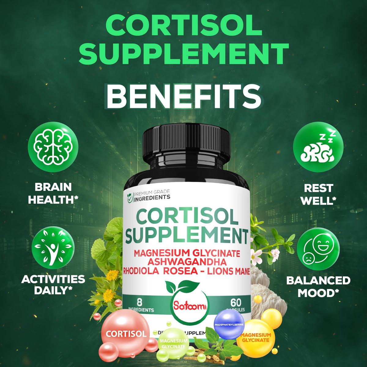 Satoomi 8in1 Cortisol Manager with Magnesium Glycinate, Ashwagandha, Rhodiola Rosea, Lions Mane & More - Cortisol Reducer Supplement Men & Women - 60 Capsules SatoomiBuy Supplements Australia