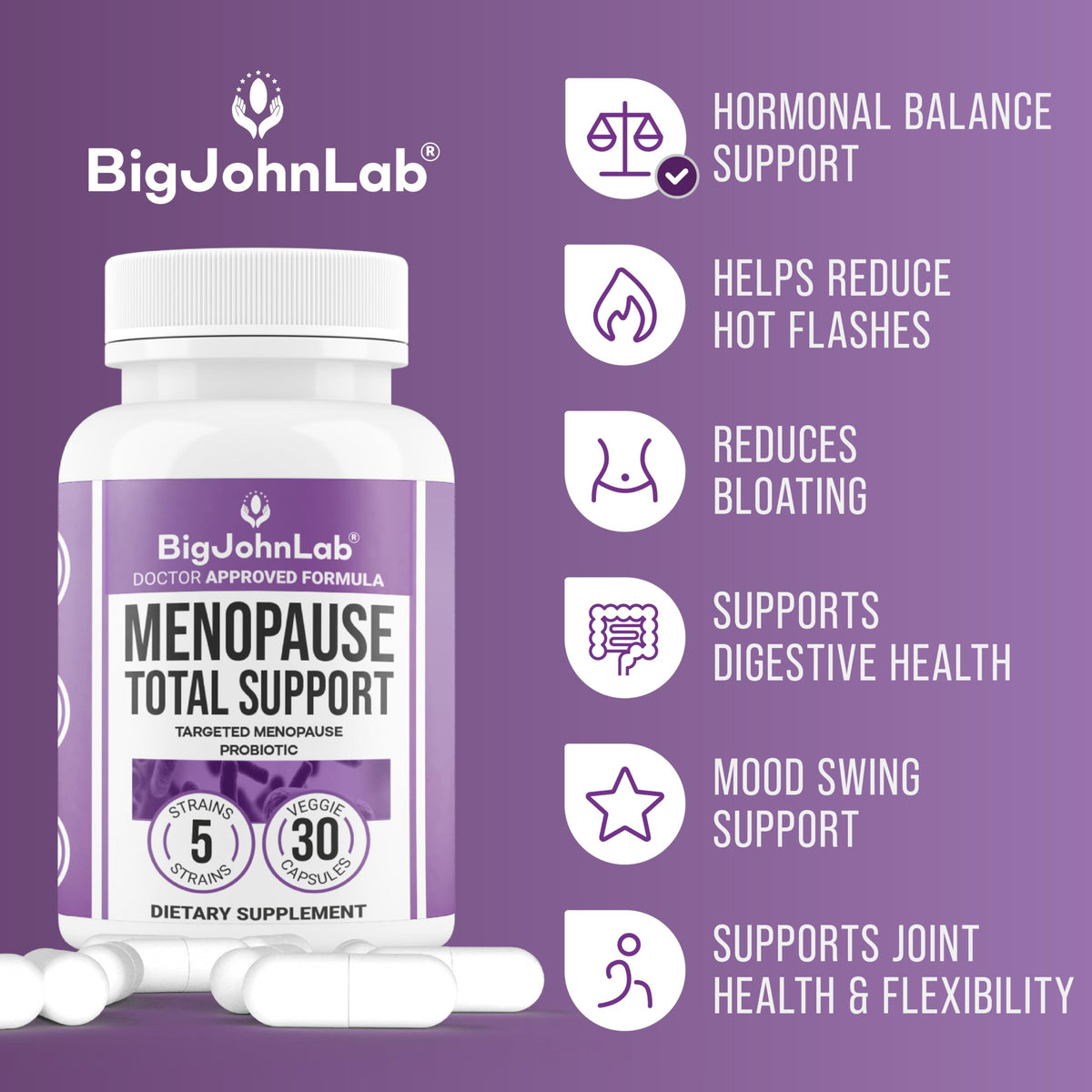 BIGJOHNLAB® - Menopause Total Support – Advanced Probiotic Formula with 5 Strains & 15 Billion CFU, Resveratrol, Black Cohosh, Acacia Fiber, Non-GMO & 100% Vegetarian BIGJOHNLABBuy Supplements Australia