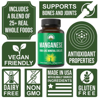 Manganese Supplement Food Like Mineral Chelated for Superior Absorption with Whole Food Blend of 25+ Fruits & Vegetables. Pure Trace Mineral Capsules for Connective Tissue, Bone Health, Enzyme Support Peak PerformanceBuy Supplements Australia