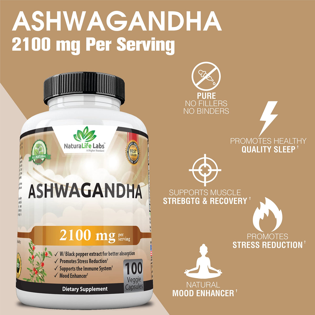 Organic Ashwagandha 2,100 mg - 100 Vegan Capsules Pure Organic Ashwagandha Powder NaturaLife Labs A Higher StandardBuy Supplements Australia