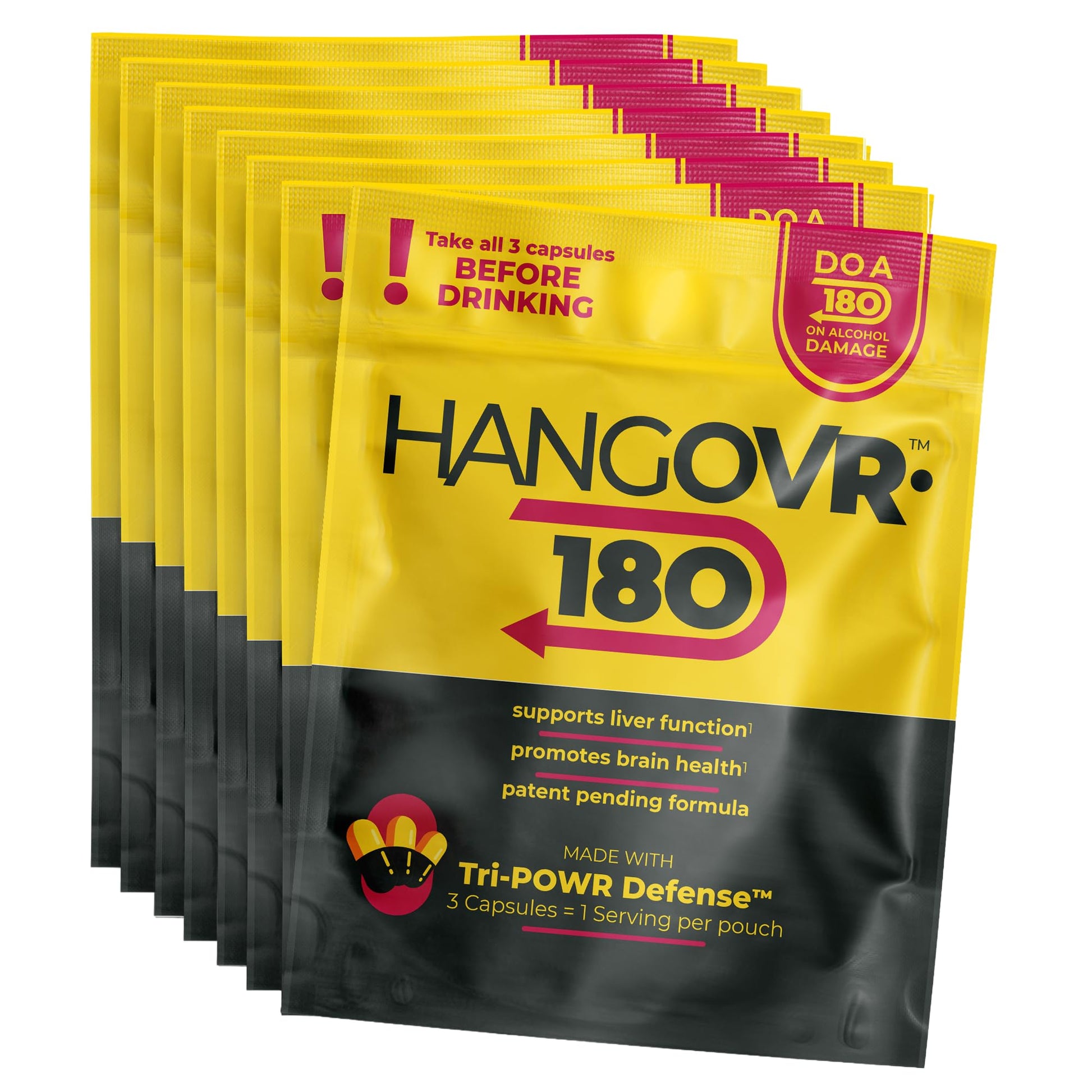 Hangovr 180 Tri-Power Before Drinking Defense 8 Pack - Support Liver & Brain Health, Feel Fresher & Better Energy - - Take Before Drinking for Relief, 3 Capsules per Pouch HANGOVR-180Buy Supplements Australia